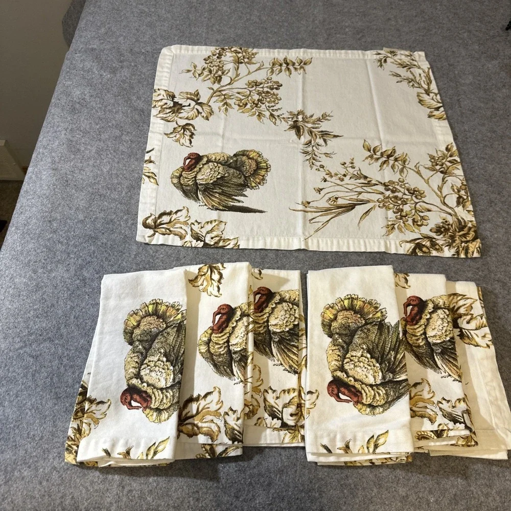 7 Williams Sonoma Turkey Cloth Napkins Thanksgiving Fall Cotton